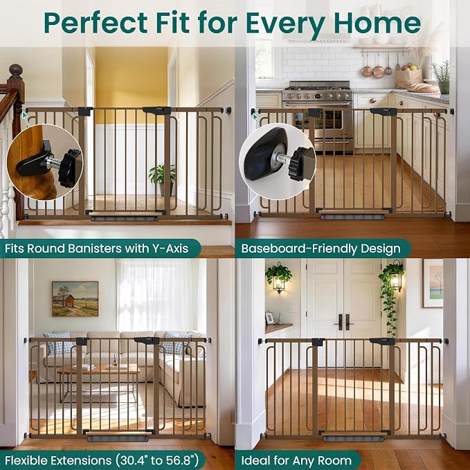 Cumbor 30.4-56.8" Extra Wide Baby Gate, Auto Close Dual Lock Dog Gate Brown | Easy Install Pressure Mounted Pet Gate for Doorways & Wide Openings, Easy Walk Thru Safety Proofing for Babies & Large Dogs