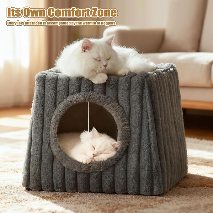 Dogpals Indoor Cat House - Large Cat Cave Bed with Fluffy Balls, Foldable Cat Bed Cave and Apartment with Pads, Suitable for Multiple Small and Large Cats, 18.5x15.4x15.4inches (Deep Grey, XL)