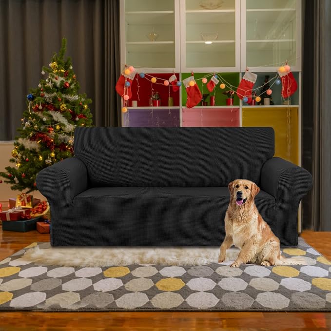 Stretch Loveseat Couch Cover, 2 Cushion Couch Slipcover,Black | 1-Piece Washable Sofa Cover Pet Friendly (55"-78") Furniture Protector Soft Jacquard, Elastic Bottom for Dogs & Kids