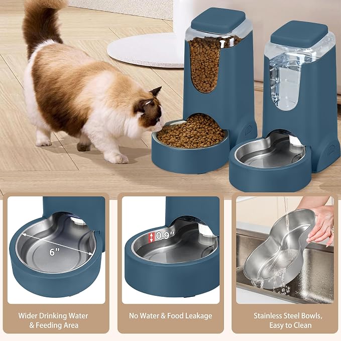 2 Pack Automatic Cat Feeder and Dog Food Feeder, Gravity Stainless Steel Water Dispenser and Waterer Set for Small Medium Puppy Kitten Pets (1 Gallon x 2, Navy Blue)