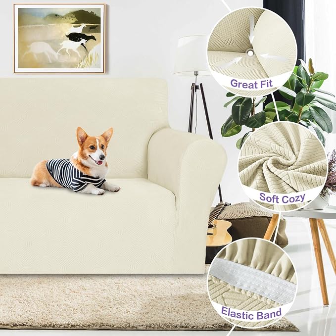 ZNSAYOTX Super Stretch Couch Cover (72"-92"), New Striped Sofa Covers Fitted Slipcovers with Elastic Bottom, Dog Cat Pets Proof Spandex Fabric Comfortable & Durable (Beige, Sofa)