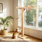 46" Tall Cat Scratching Post with Window Perch | Natural Linen Mat, 3-Piece Detachable Sisal Posts, Drill-Free Suction Cup Mount, Elevated Privacy Hammock, 45 LBS Capacity