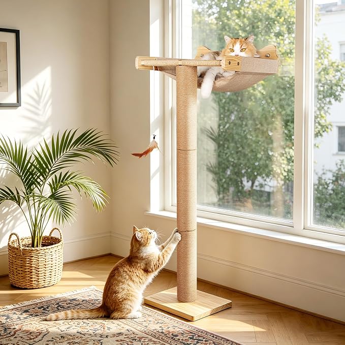 46" Tall Cat Scratching Post with Window Perch | Natural Linen Mat, 3-Piece Detachable Sisal Posts, Drill-Free Suction Cup Mount, Elevated Privacy Hammock, 45 LBS Capacity