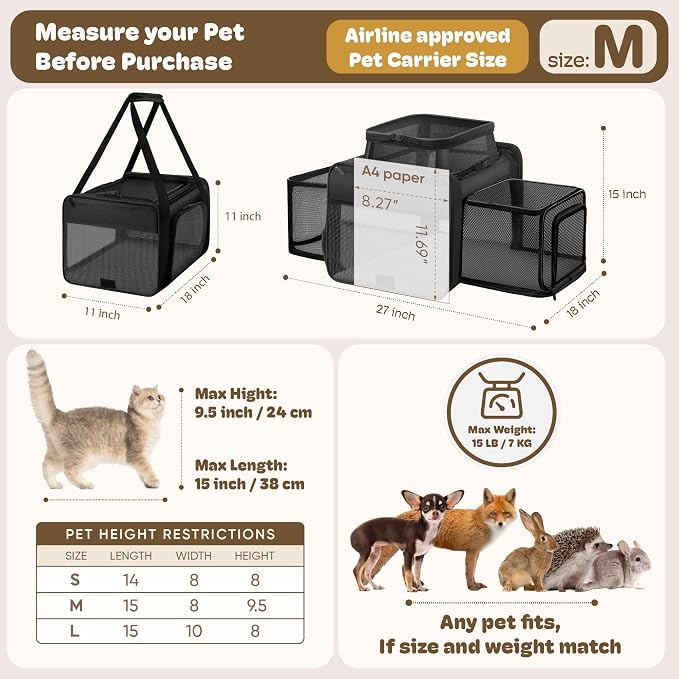 Top and 2 Sides Expandable Cat Carrier 18x11x11, TSA Airline Approved Dog Carriers for Small Dogs, Soft-Sided Pet Carrier with Self-Locking Zippers for Kitten,Rabbit, Puppy, Guinea Pig Black