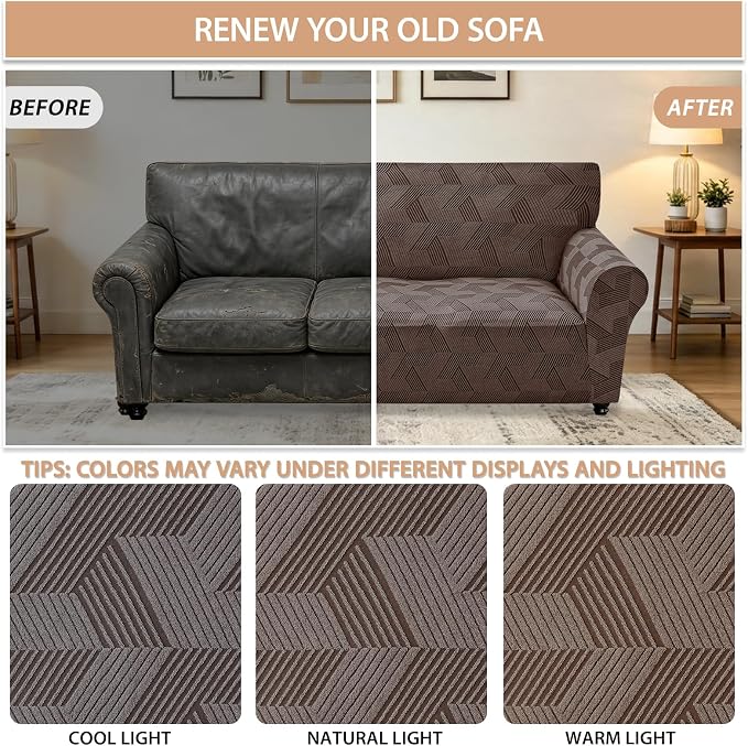 ZNSAYOTX Stretch Couch Covers for 3 Cushion Couch, 1-Piece Sofa Cover Slipcover Pet Friendly, Furniture Protector with Elastic Bottom for Dogs Geometrical Jacquard Fabric (Large, Brown)