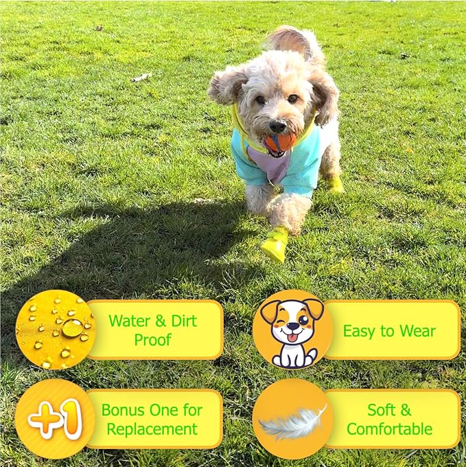 Ultra Soft Waterproof & Dirt-Resistant Yellow Dog Boots by Quality Life Hack (Plus One Free) - Size Small