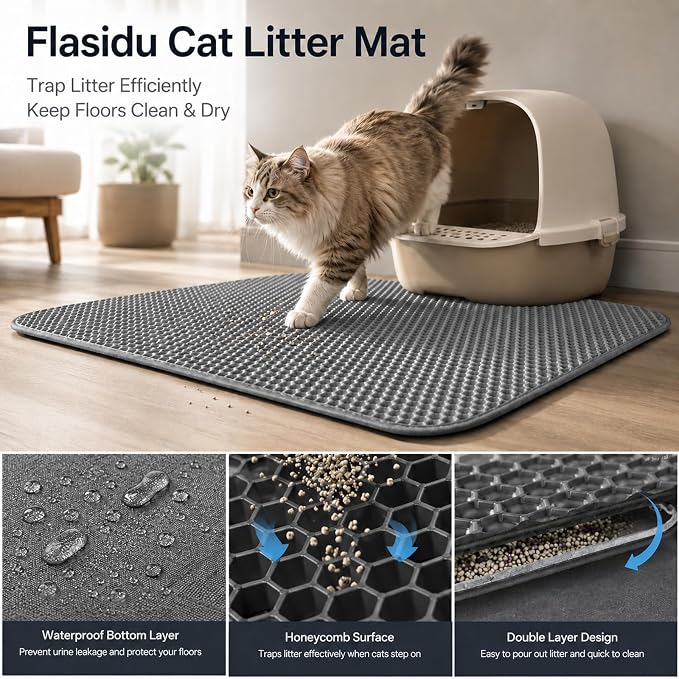 Cat Litter Box Mat Double Layer Trapping Mat Easy-Clean Waterproof Urine Proof(Gray 30x22in)