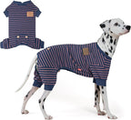 KYEESE Dog Pajamas, Striped Clothes Pet PJS, Velvet Fleece Doggie Jammies, 4 Legs Outfit Soft Dog Pajamas, Cozy Pet Clothes Onesie, Comfortable PJS for Medium Dogs,Navy Blue Striped, XX-Large