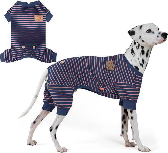 KYEESE Dog Pajamas, Striped Clothes Pet PJS, Velvet Fleece Doggie Jammies, 4 Legs Outfit Soft Dog Pajamas, Cozy Pet Clothes Onesie, Comfortable PJS for Medium Dogs,Navy Blue Striped, XX-Large