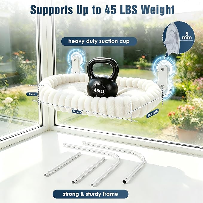 Cat Window Perch - Cordless Cat Window Hammock with 4 Strong Suction Cups, Ultra Soft Window Perch for Cats Inside - 2 in 1 Cats Window Bed Detchable & Washable Cushion 23.3 * 15.8in(White)