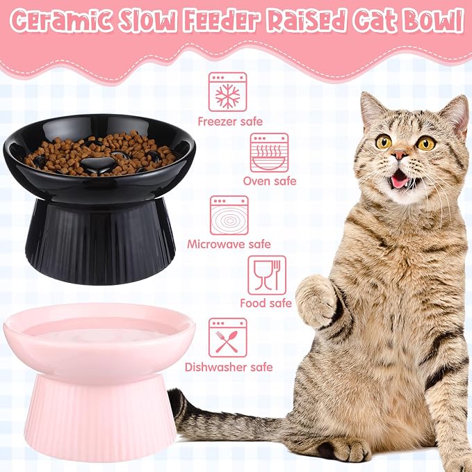 Tioncy 2 Pcs Ceramic Elevated Slow Feeder Cat Bowl, Raised Cat Slow Feeder Bowl, Anti Vomiting for Dry and Wet Food, No Spill High Edge Easy Clean Dishwasher Safe (Black,Pink)