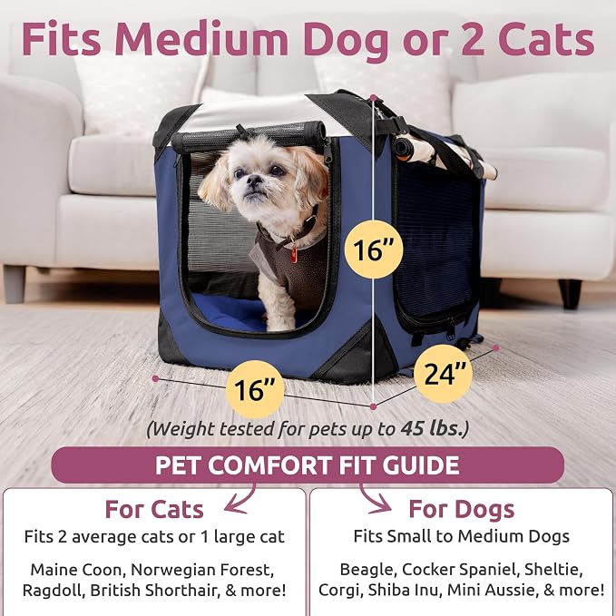 Cat & Dog Pet Carrier, Soft-Sided, Large 24"x16"x16", Fits Large Cat, 2 Cats, or Medium Dog Comfortably, Great for Travel & Vet Visits, Privacy Windows, Removable Bed, Locking Zippers, Foldable