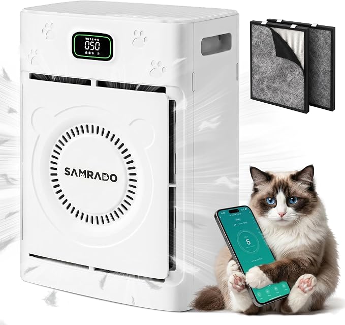 Pet Air Purifier, Dual-sided Washable H13 HEPA, 2500 Sq Ft, App | Dual-Sided Pet Hair Intake, Smart APP Control, Washable Pre-Filter, PM2.5 Sensor, Auto mode, 25 dB Sleep Mode, Child Lock