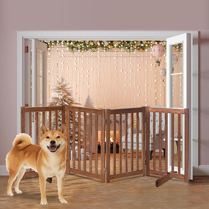 LZRS Freestanding Extra Wide Dog Gate 80" W x 30" H Solid Wooden Pet Gate for Doorways, Stairs, Hallways,Kitchens& Long Areas, Expandable & Foldable with Support Feet,Indoor Use,Oak