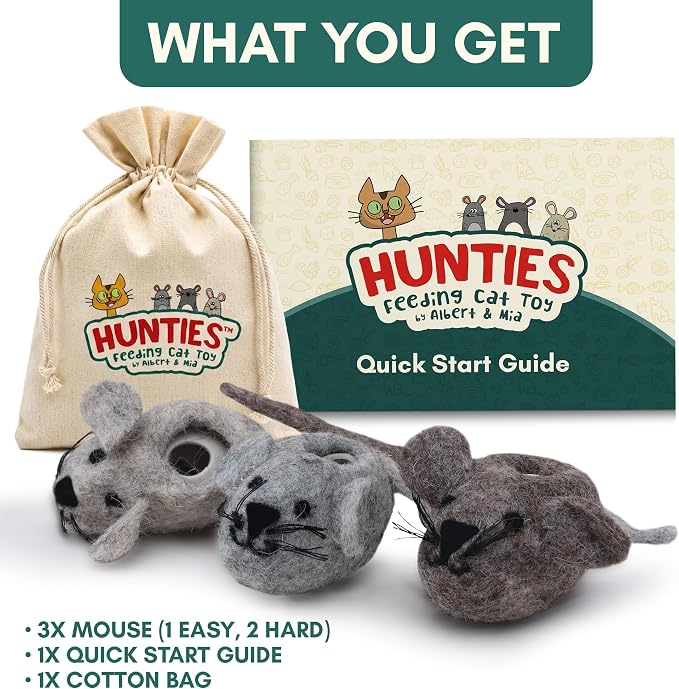 ALBERT & MIA Hunties™ Cat Treat Puzzle Dispenser Toy with 3 Wool Mice | Interactive slow feeder for kittens and indoor hunters, curbs overeating, boredom, natural hunting instinct enrichment play