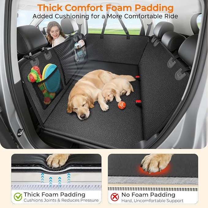 URPOWER PU Leather Back Seat Extender for Dogs, Hard Bottom Dog Seat Cover | Supports 550 lbs, Stable 3-Panel Hard Bottom, Added High-Density Foam for Comfort, Waterproof 900D Oxford, 45% More Space