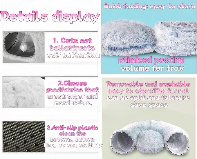 Large Cat Tunnel Bed for Indoor Cats with Hanging Pompom Toys | all-in-one donut cat bed for resting and playing, supports up to 22 lbs (33.46x33.46x11.49, Gray)