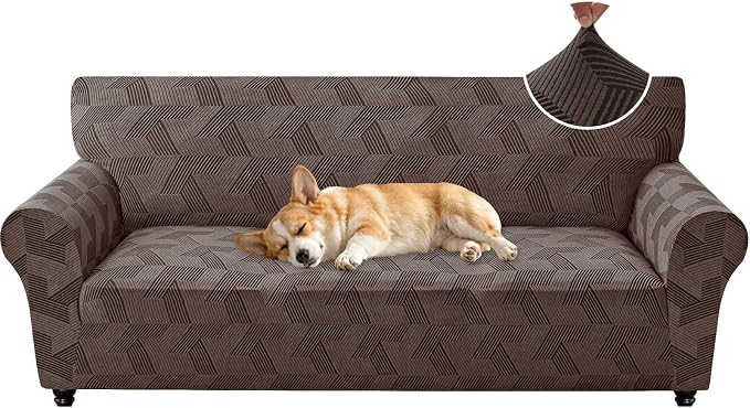 ZNSAYOTX Stretch Couch Covers for 3 Cushion Couch, 1-Piece Sofa Cover Slipcover Pet Friendly, Furniture Protector with Elastic Bottom for Dogs Geometrical Jacquard Fabric (Large, Brown)