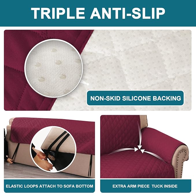 Turquoize 100% Waterproof Sofa Covers Couch Cover Sofa Cover for Dogs Couch Protector Triple Non-Slip Sofa Slipcover for 3 Cushion Couch Furniture Protector for Pets, Kids,Dog (XL Sofa 78", Burgundy)