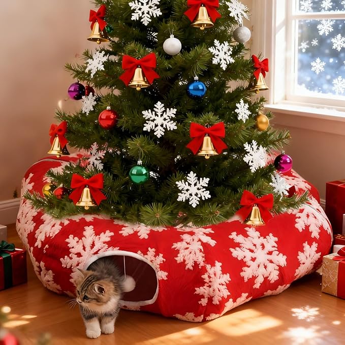 Cat Tunnel Christmas Tree Skirt,Christmas Tree Cat Tunnel for Indoor Cats,Cat Tunnels Tree Skirt,Soft Peekaboo Hideway Bed Cave Donut Toys Circle Tunnels for Kittens & Large Cats (Red)