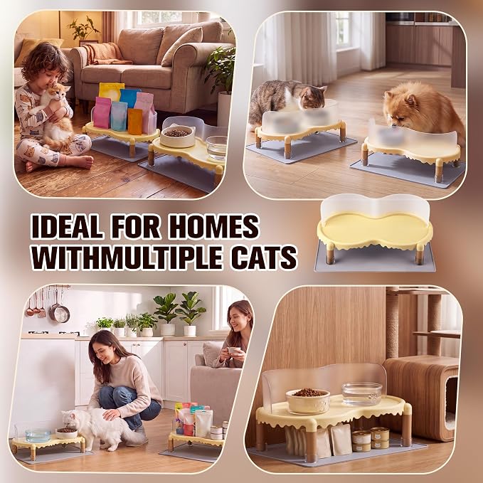 Dreyoo 2 Sets Cat Food Table with Splash Guard, Raised Cat Bowl Stand | Ant Proof Pet Tray, for Cats and Small Dogs, Raised Bowl Stand, EVA Non Slip Pads, for Home Pet Feeding