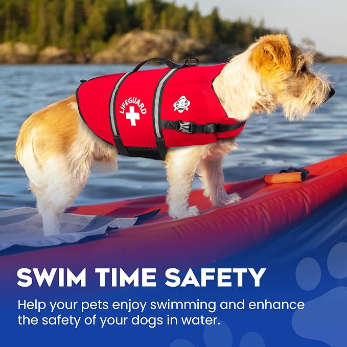 Dog Life Jacket - Swimming Vest for Dogs, Adjustable, Reflective, Comfortable, Multiple Colors, Patterns, XX-Small to Extra Large Dog Swim Vest with Handle (Red, Medium)