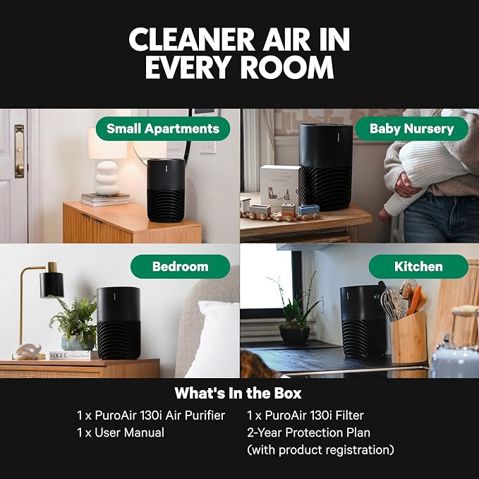 PuroAir 130i Smart Air Purifiers for Home Pets Allergies - HEPA + CarbonTech Filter up to 500X Stronger - Cleans Air Fast - Quiet Sleep Mode, Small Room Air Purifiers for Bedroom, Baby, Office, Dorm