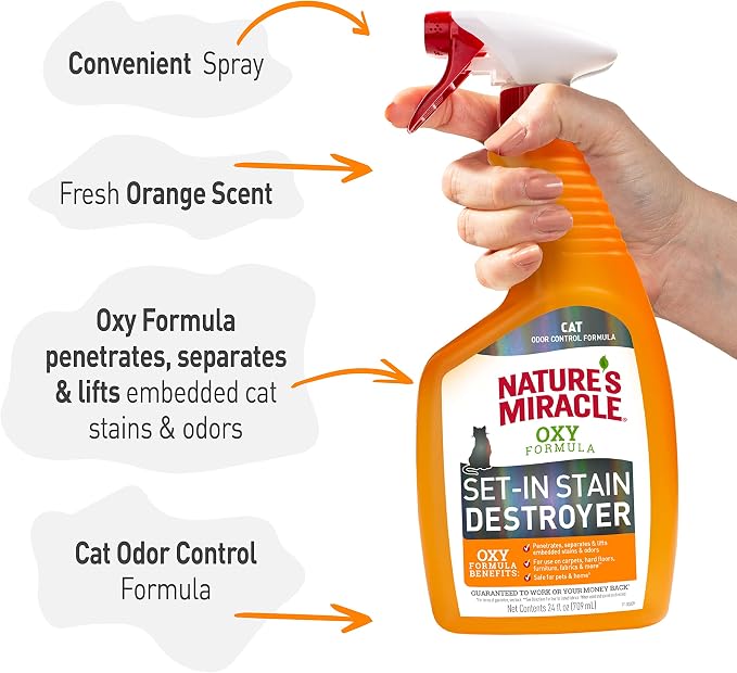Nature's Miracle Oxy Set-In Stain Destroyer, Cat Odor Control, 24 oz | Oxy Formula Penetrates, Separates & Lifts Embeded Stains & Odors With A Fresh Orange Scent, Safe For Pets & Home