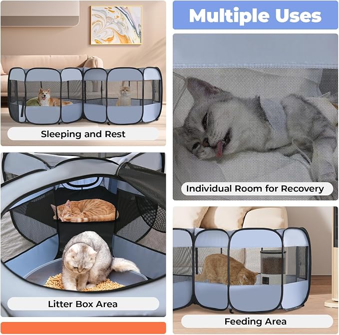 2-in-1 XLarge Pop Up Dog Playpen, Cat Puppy Pet Playpen, Indoor Outdoor Cats Enclosed, Cat Tent Crate Cage Kennel, Portable Playpen for Kitten and Small Animals(No Divider, Unified Space)