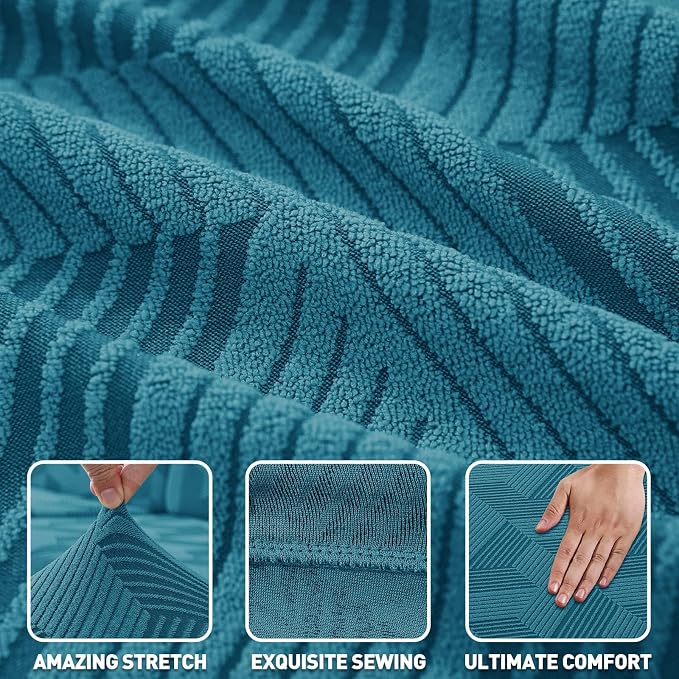 ZNSAYOTX Stretch Couch Covers for 3 Cushion Couch, 1-Piece Sofa Cover Slipcover Pet Friendly, Furniture Protector with Elastic Bottom for Dogs Geometrical Jacquard Fabric (Large, Peacock Blue)
