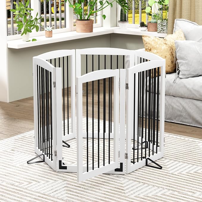PUPETPO Freestanding Pet Gate with Door, Tall Dog Gate for House, Dog Gates for the House Extra Wide, Pet Puppy Safety Fence, Support Feet Included, 120 Inch Wide, 6 Panels 32" Tall, White & Black