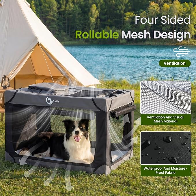 Portable Collapsible Soft Dog Crate for Extra Large Dogs,42in Black | Oxford Cloth Travel Camping dog kennel with 4 Mesh Windows & 2 Storage Pockets,for Indoor & Outdoor Use