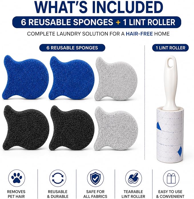 Pet Hair Remover for Laundry, 6 Reusable Laundry Sponges + Tearable Lint Roller, Pet Hair Remover for Clothes, Bedding, Furniture, Sofa, Car Seats, Dog & Cat Hair Remover