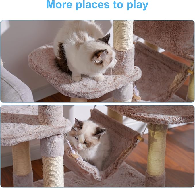 Hey-brother Cat Tree Tower with Sisal Scratching Posts, Big Condo, MPJ020MU | 53.7 Inches Multi-Level Cat House with 2 Bigger Plush Condos, 2 Platforms, Hammock, Toy Balls for Indoor Cats, Muchroom