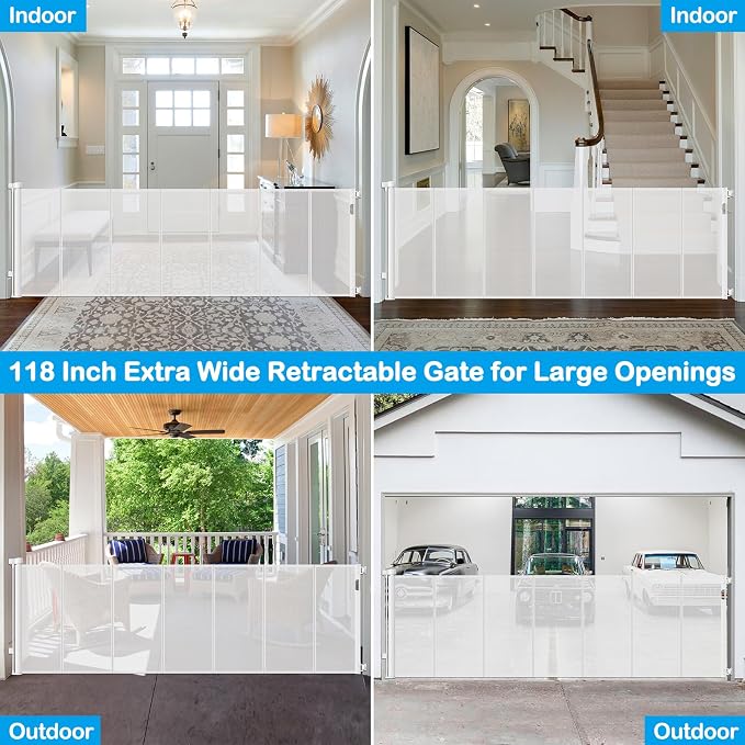 Reinforced 42” Extra Tall X 159” Extra Wide Retractable Gate Indoor Prevent Kids and Pets from Getting Through Tall Retractable Baby Gates for Doorways Pet Gates for Wide Openings Mesh Baby Gate White