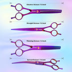 Dog Grooming Scissors Kit, Professional 6 in 1 Pet Scissors Sharp Shears Set - Straight, Thinning, Chunker, Curved Shears and Comb for Long Short Hair for Dog Cat (Set, Purple)