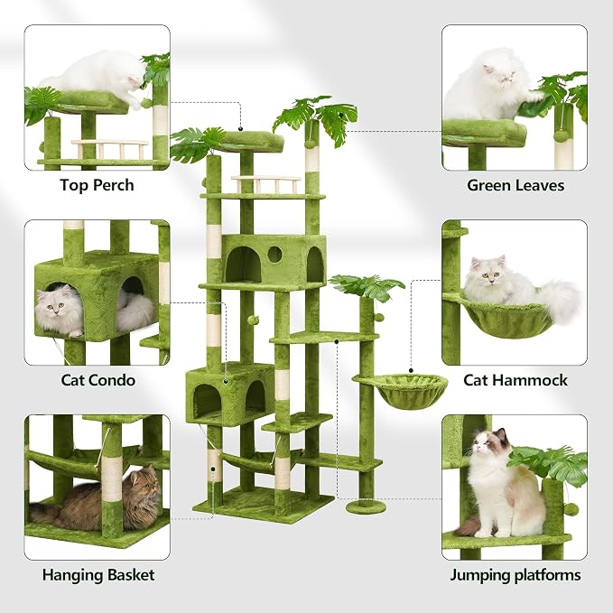 Meecal 77in Large Cat Tower for Heavy Duty Big Cats, Tall Cat Tree with Leaves - Scratching Post, Two Cat Condos, Soft Hammocks, Padded Perches & Dangling Balls, Green