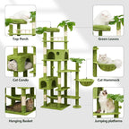 Meecal 77in Large Cat Tower for Heavy Duty Big Cats, Tall Cat Tree with Leaves - Scratching Post, Two Cat Condos, Soft Hammocks, Padded Perches & Dangling Balls, Green