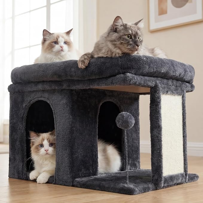 Heybly Cat Tree, 14" Cat Tower with Large Cat Bed & Condo HCT203SG | Cat Furniture for Indoor Cats Large Adult, Cat House with Scratching Posts and Spring Balls for Kittens, Smoky Gray