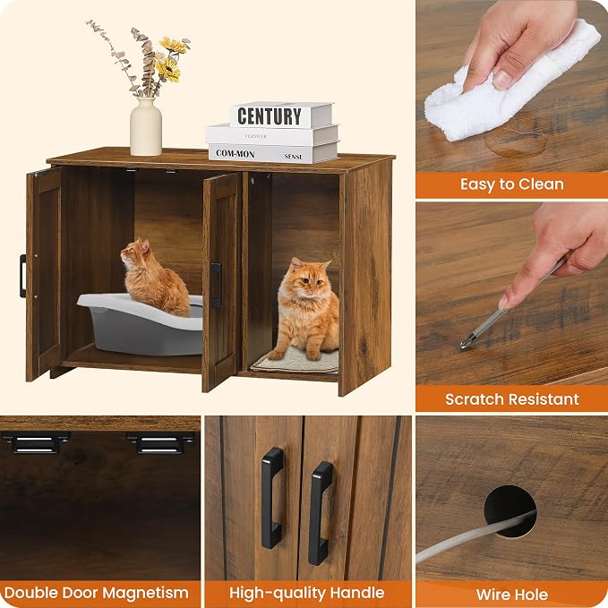 Dwanton Litter Box Enclosure, Cat Litter Box Furniture Hidden, with Scratching Mat, Wooden Cat Washroom Indoor, 31.5" L x 19.7" W x 21.7" H, Warm Brown