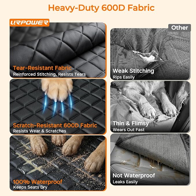 URPOWER XL Dog Seat Cover for Full-Size Truck Back Seat, Waterproof Hammock | 600D Oxford, Side Flaps with Zippers, Scratch Resistant, Non-Slip, Easy Install, Machine Washable, Dog Seat Belt Included