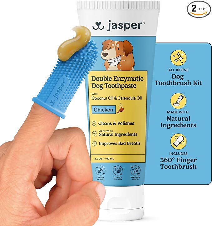 Jasper Dog Tooth Brushing Kit and Dog Toothpaste (Chicken) Kit 360 | Vet Approved Pet Tooth Paste & ToothBrush, Freshens Breath, Whitens Teeth, Plaque and Tartar Remover for Teeth