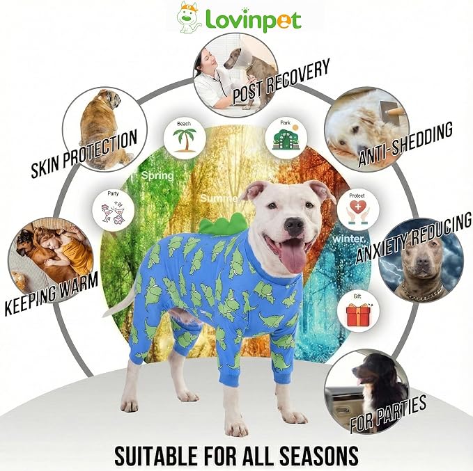 LovinPet Large Dog Pajamas, Four-Leg Stretch Onesie Bodysuit, Lightweight UV-Shielding Pajamas, Anti-Lick Calming Recovery Suit for Surgery, Pull-On for Medium and Large Breeds,Blue Green,XXL