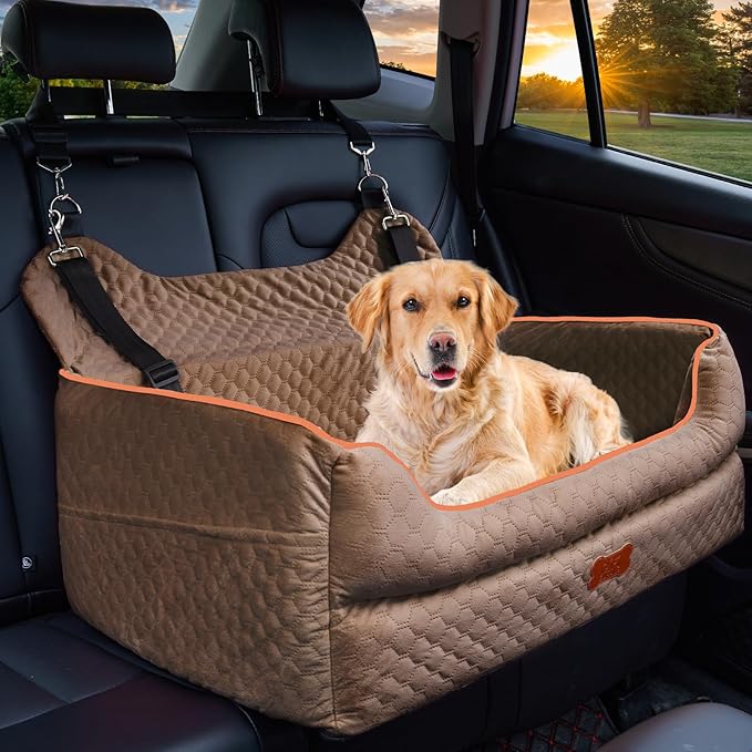 Dog Car Seat for Large/Medium Dogs - Memory Foam Dog Booster Seat for Under 55Lbs or 2 Small Dogs-Detachable and Washable Travel Bed with Thick Cushion and Storage Pockets-Brown