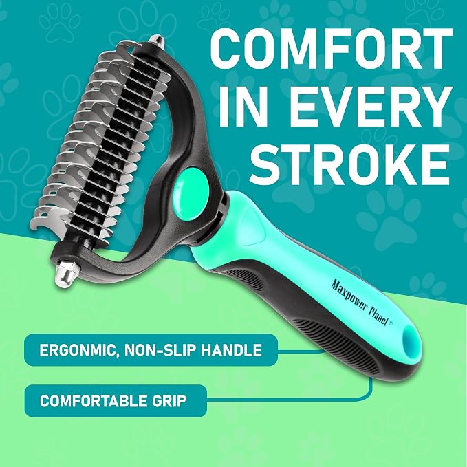 Maxpower Planet Hair Brush - Double Sided Shedding, Dematting Undercoat Rake for Dogs and Cats - Extra Wide Dog Grooming Brush, Reduce Shedding by 95%, Turquoise | Turquoise, Undercoat Rake, Detangling Comb, 9/17-Teeth Dual-Sided, Cats, Anti-Slip Handl...