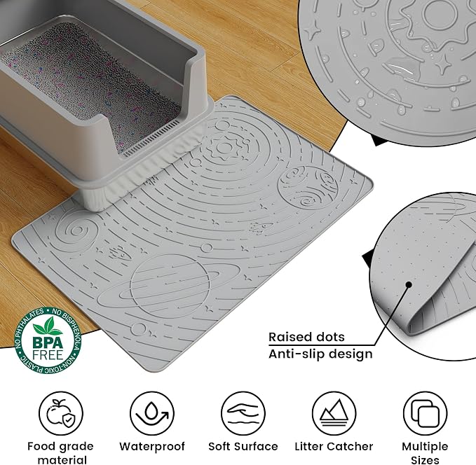 Cat Litter Mat Medium 23.6x15.7in, Light Grey Silicone Rubber Scatter Control Kitty Litter Box Trapping Mat, Waterproof Easy to Clean, Odorless Pet Supplies, Indoor Cat Essentials