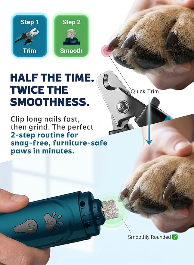 Super Quiet Dog Nail Grinder & Clippers Kit with 2 LED Lights, 3 Speeds Up to 12,000 RPM, Lower Than 30dB Electric Pet Nail Trimmer for Small Medium Large Dogs and Cats