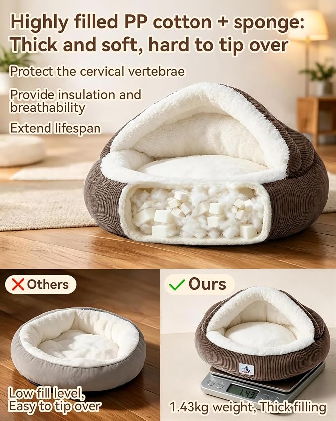 Calming Cozy Dog Cave Cover Bed, Doggy Anti Anxiety, Washable Brown | Not Collapsing, Stand Up Hooded Cover, Cozy Round Fluffy Cocoon Beds Small Medium Cat, Muddy Proof Removable, Neck Support