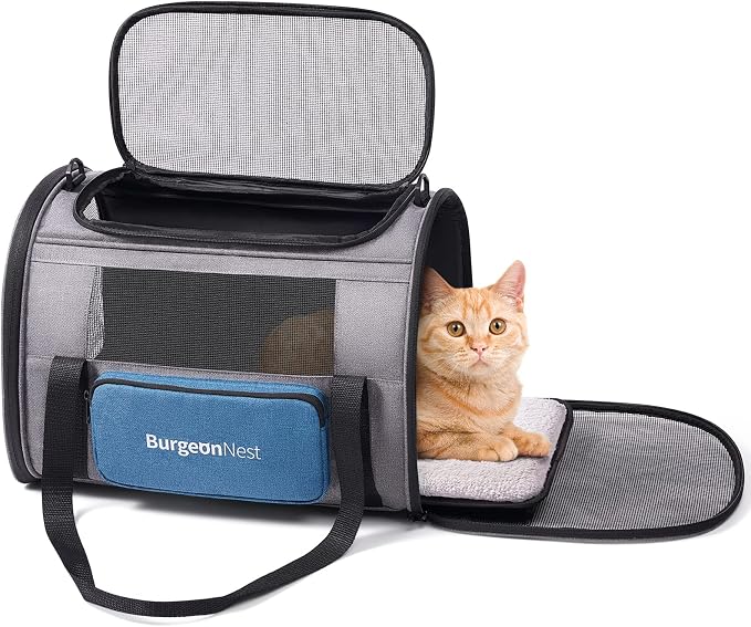 BurgeonNest Pet Carrier for Large Cats, Soft-Sided Cat Carrier for Big Cats and Small Dogs Up to 20 lbs, Top Loading Collapsible Escape-Proof Travel Cat Bag with 4 Mesh Windows & Side Storage, Blue | Soft sided cat carrier with top loading access, mesh...