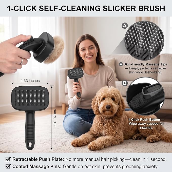 5 PCS Cat & Dog Grooming Kit Brush, Self-Cleaning Slicker Hair Brush, Nail Clipper, Undercoat Rake, Pet Bath Brush with Removable Screen,Pet Comb for Short & Long Haired Dogs Cats, Black